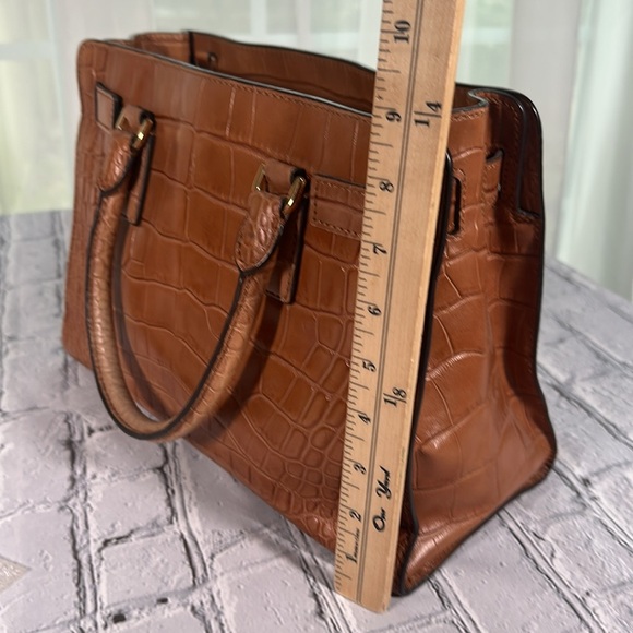 Michael Kors Dillon Satchel Croc Embossed Leather Shoulder Cognac Tan Purse Bag - Picture 12 of 16